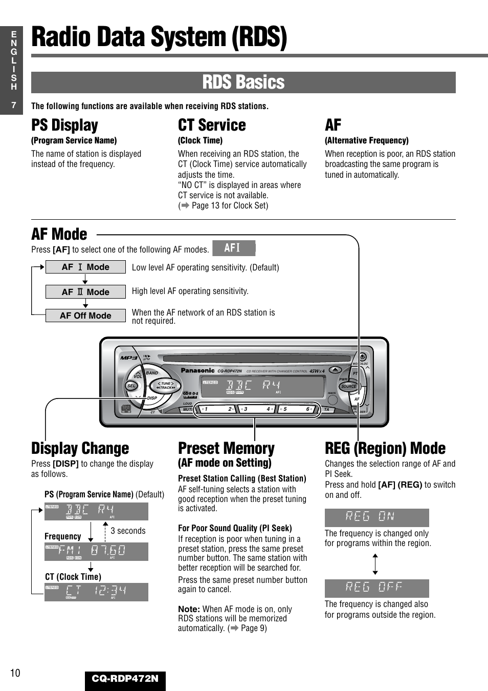 Radio data system (rds), Rds basics, Ps display | Ct service, Display change, Reg (region) mode, Af mode, Ct 12:34 reg on, Reg off, Af mode on setting) | Panasonic CQ-RDP472N User Manual | Page 10 / 36