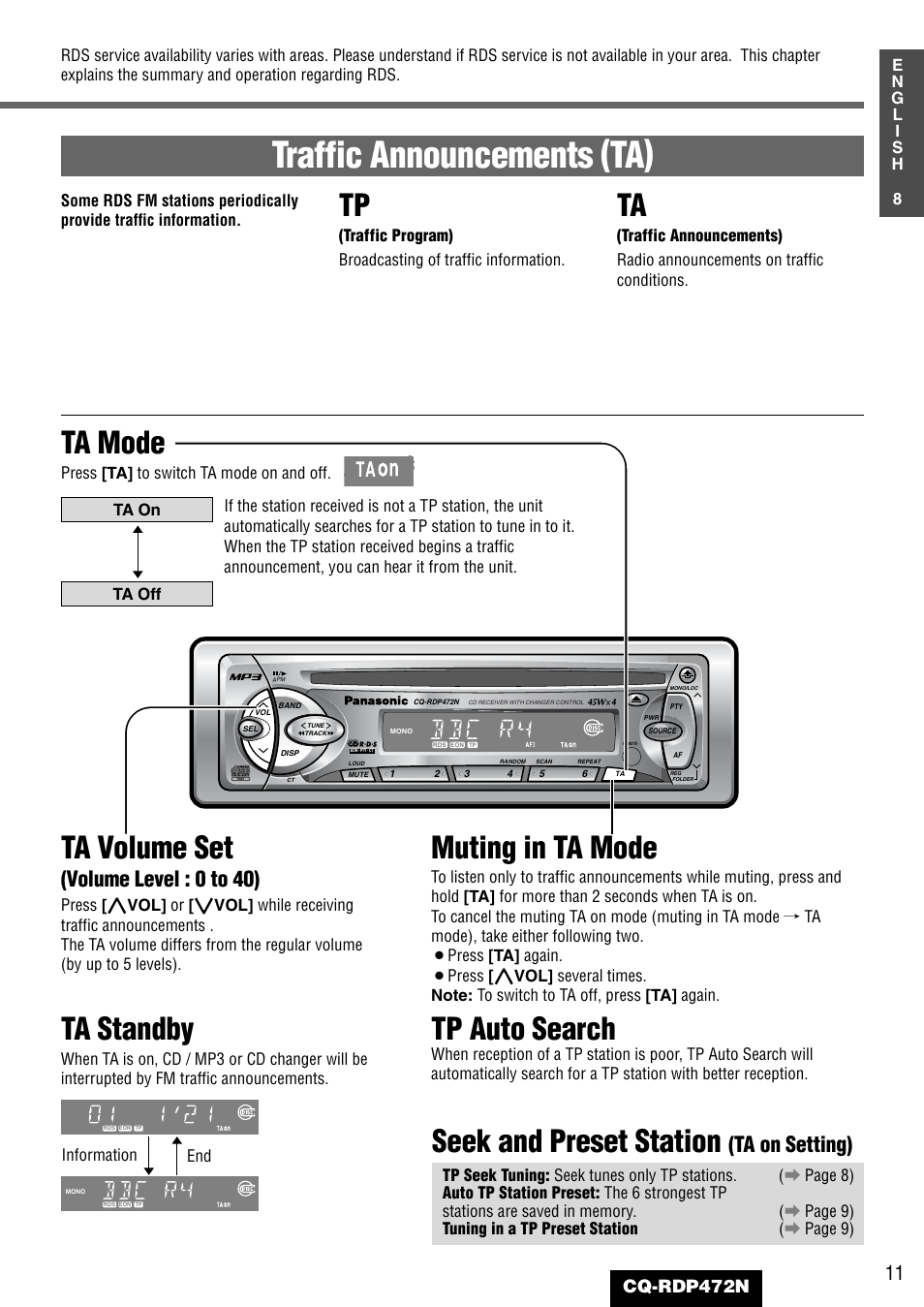 Traffic announcements (ta), Ta volume set, Ta standby | Muting in ta mode, Tp auto search, Ta mode, Seek and preset station, Bbc r4, Volume level : 0 to 40), Ta on setting) | Panasonic CQ-RDP472N User Manual | Page 11 / 36