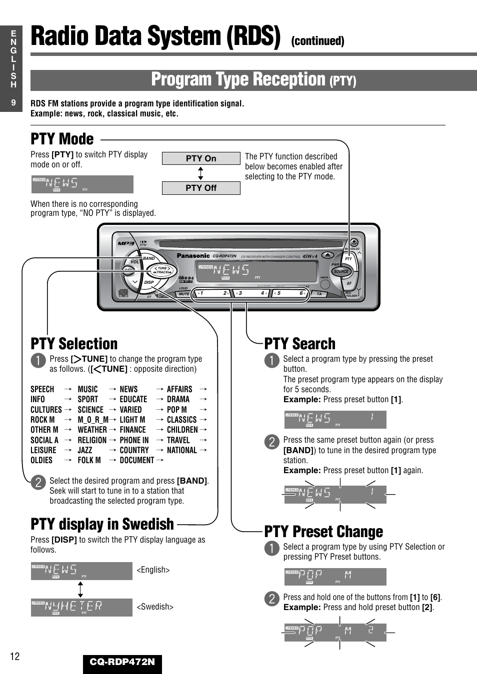 Radio data system (rds), Program type reception, Pty mode | Pty selection q, Pty display in swedish, Pty preset change q, Pty search q, Pty), Continued), News | Panasonic CQ-RDP472N User Manual | Page 12 / 36