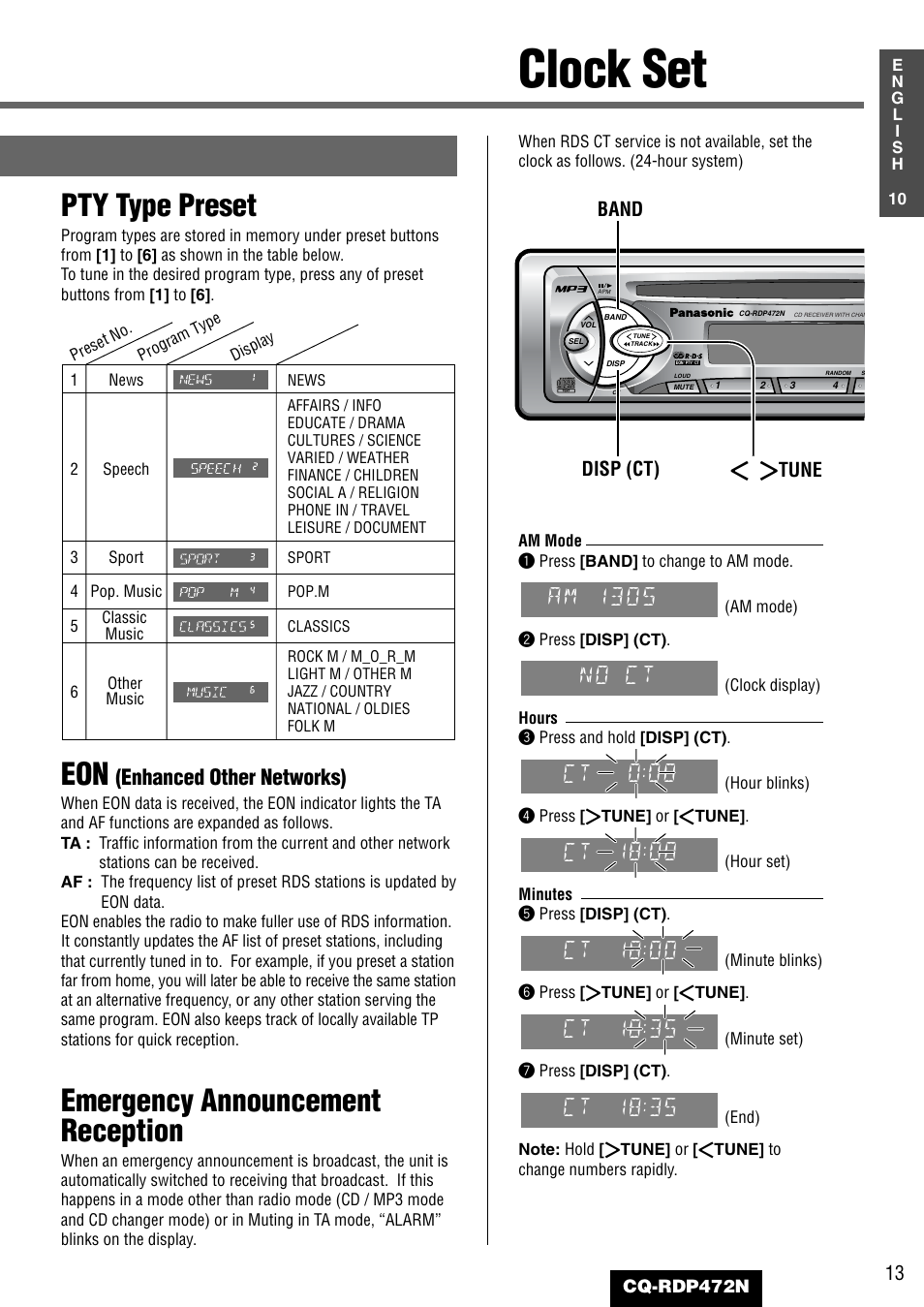 Clock set, Pty type preset, Emergency announcement reception | 35 ct, 00 ct, No ct, Am 1305, Enhanced other networks), Band disp (ct) ] [ tune, Cq-rdp472n | Panasonic CQ-RDP472N User Manual | Page 13 / 36