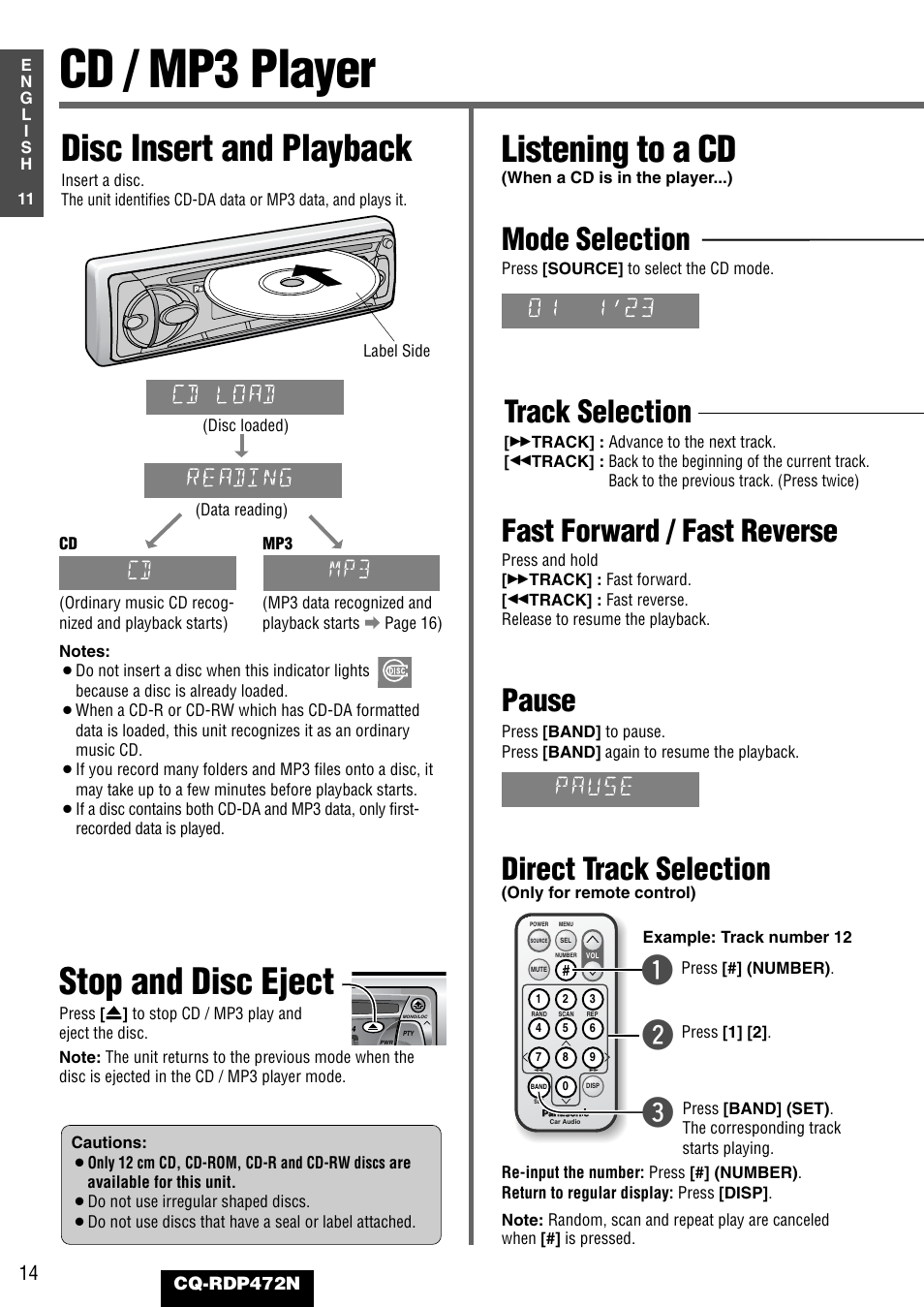 Cd / mp3 player, Listening to a cd, Stop and disc eject | Disc insert and playback, Qw e, Track selection, Mode selection, Direct track selection, Fast forward / fast reverse, Pause | Panasonic CQ-RDP472N User Manual | Page 14 / 36