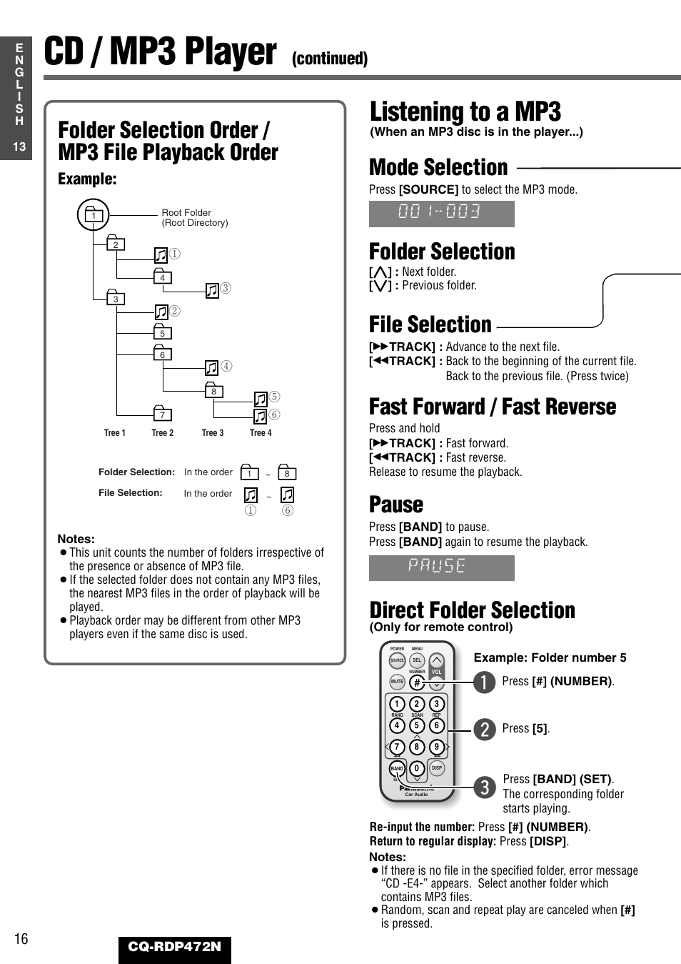 Cd / mp3 player, Listening to a mp3, Qw e | Direct folder selection, File selection, Mode selection, Fast forward / fast reverse, Pause, Folder selection order / mp3 file playback order, Folder selection | Panasonic CQ-RDP472N User Manual | Page 16 / 36