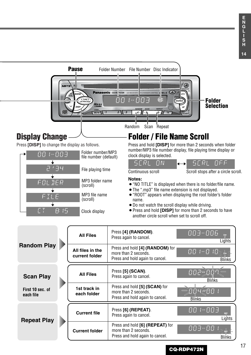 Display change, Folder / file name scroll, Scrl on | Scrl off, Random play scan play repeat play, Pause, Folder selection, Cq-rdp472n, Press [disp] to change the display as follows, Blinks blinks | Panasonic CQ-RDP472N User Manual | Page 17 / 36