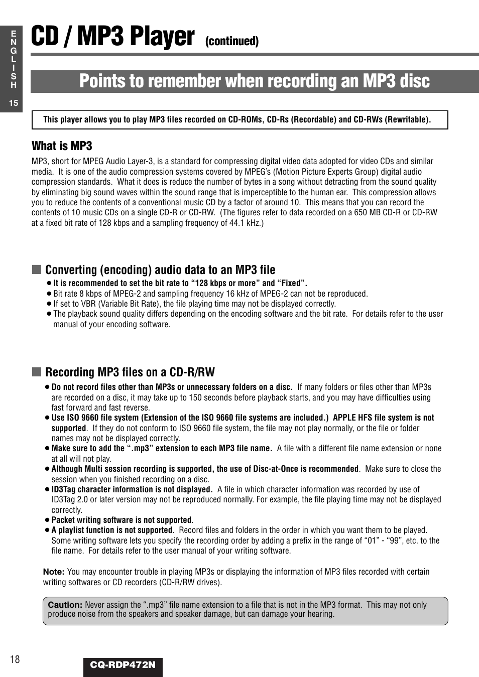 Cd / mp3 player, Points to remember when recording an mp3 disc, Converting (encoding) audio data to an mp3 file | Recording mp3 files on a cd-r/rw what is mp3 | Panasonic CQ-RDP472N User Manual | Page 18 / 36