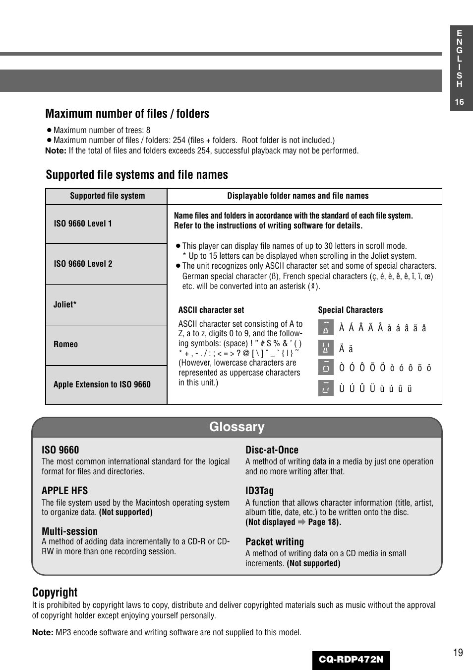 Glossary, Copyright | Panasonic CQ-RDP472N User Manual | Page 19 / 36