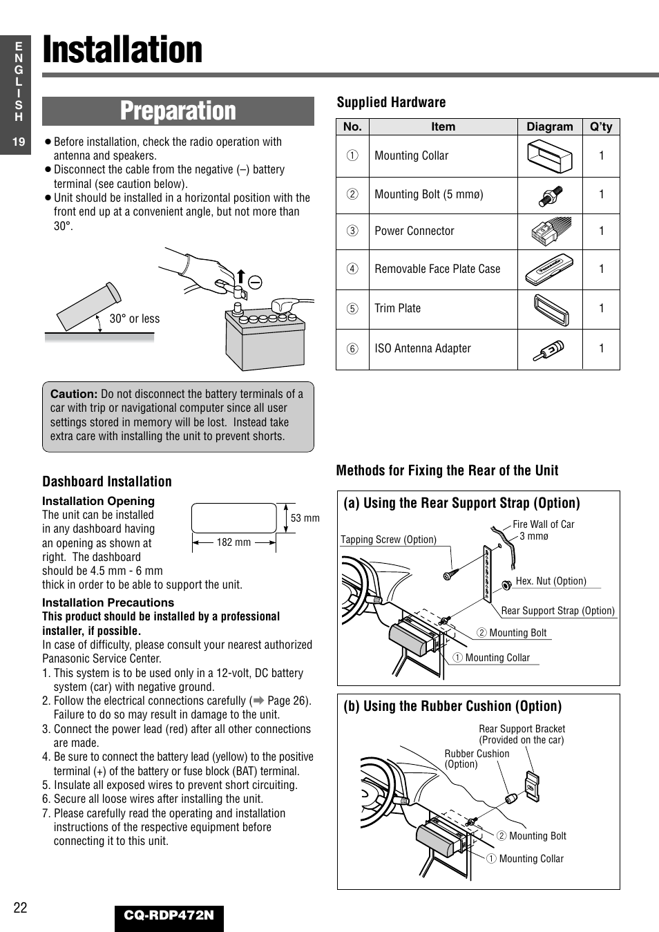 Installation, Preparation | Panasonic CQ-RDP472N User Manual | Page 22 / 36