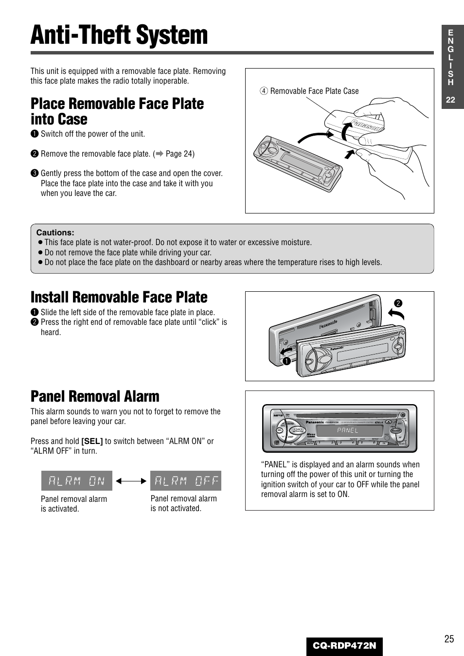 Anti-theft system, Place removable face plate into case, Panel removal alarm | Install removable face plate, Alrm on alrm off, Cq-rdp472n, Press and hold, Panel, R removable face plate case | Panasonic CQ-RDP472N User Manual | Page 25 / 36