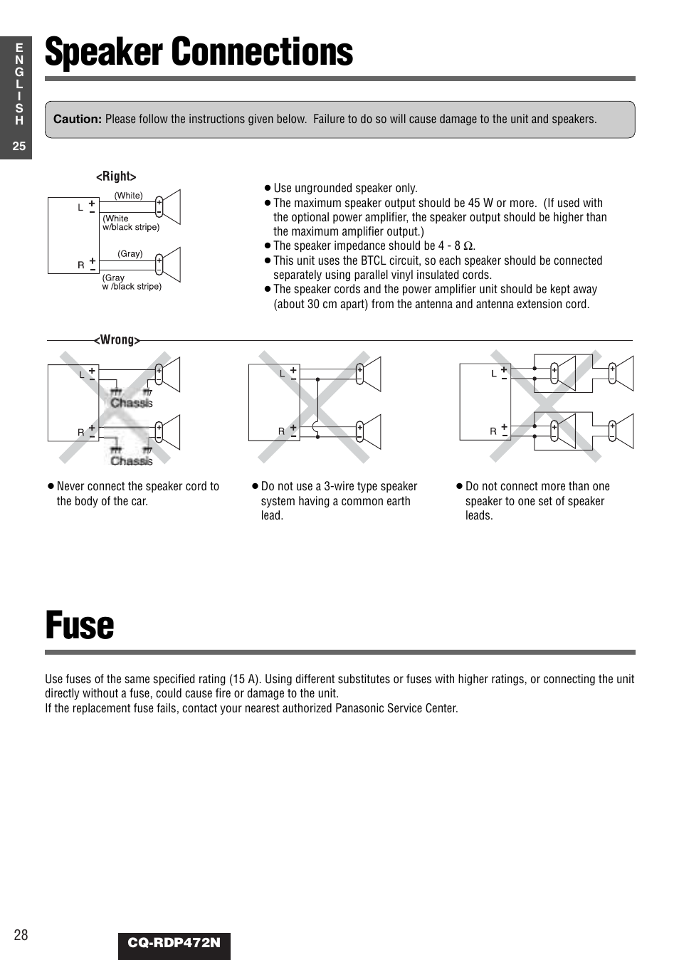 Speaker connections, Fuse | Panasonic CQ-RDP472N User Manual | Page 28 / 36