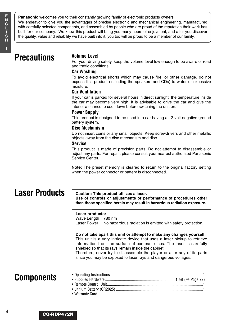 Precautions laser products, Components | Panasonic CQ-RDP472N User Manual | Page 4 / 36