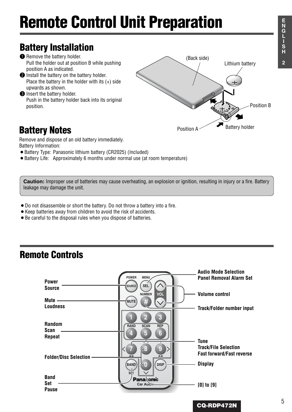 Remote control unit preparation, Battery installation, Remote controls | Panasonic CQ-RDP472N User Manual | Page 5 / 36