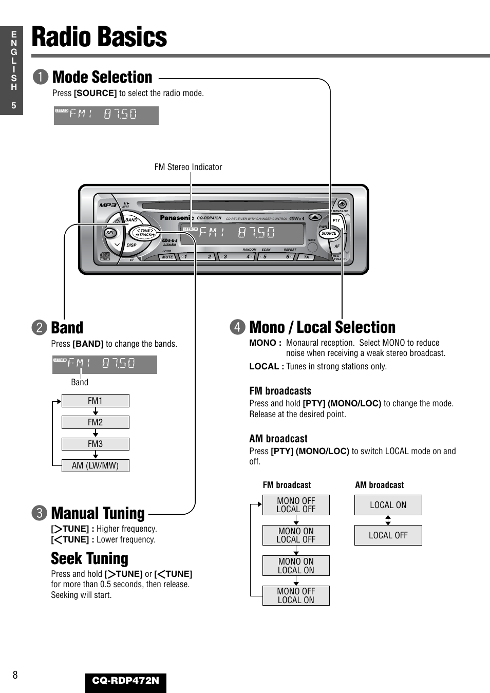 Radio basics, Rmono / local selection, Qmode selection | Wband, Emanual tuning, Seek tuning, Fm broadcasts, Am broadcast, Cq-rdp472n | Panasonic CQ-RDP472N User Manual | Page 8 / 36