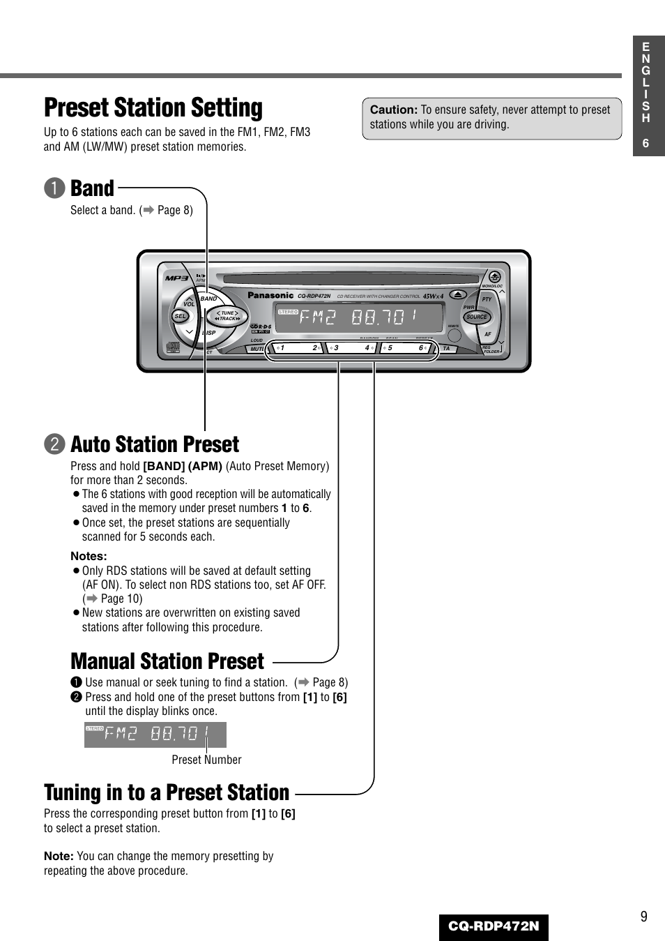 Preset station setting, Tuning in to a preset station, Manual station preset | Wauto station preset, Qband, Cq-rdp472n | Panasonic CQ-RDP472N User Manual | Page 9 / 36