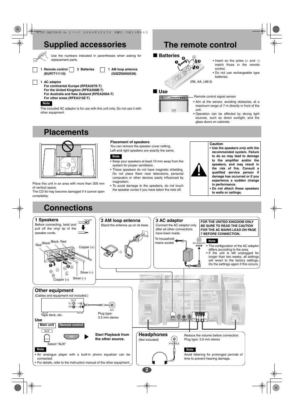 Supplied accessories, The remote control, Placements | Connections, G batteries, G use, Headphones, Other equipment | Panasonic SC-EN7 User Manual | Page 2 / 8