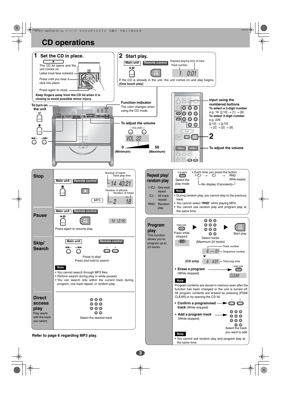 Cd operations, Vol 22, Set the cd in place | Start play, Stop pause skip/ search, Repeat play/ random play, Program play, Direct access play, Clear, Refer to page 6 regarding mp3 play | Panasonic SC-EN7 User Manual | Page 3 / 8