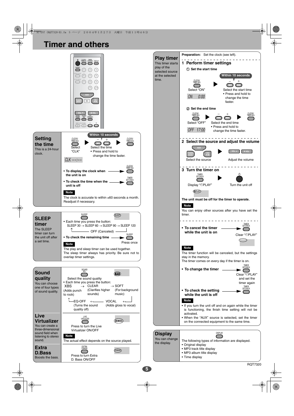 Timer and others, Setting the time, Sleep timer | Sound quality, Live virtualizer, Extra d.bass, Play timer, Display, 1perform timer settings | Panasonic SC-EN7 User Manual | Page 5 / 8