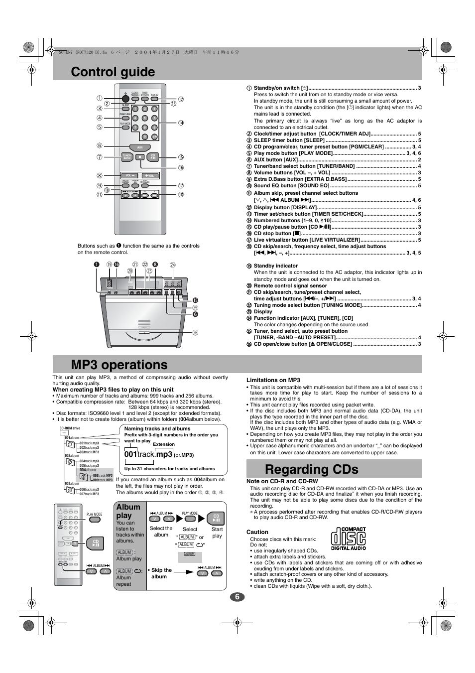 Control guide, Mp3 operations, Regarding cds | 001 track. mp3, Album play | Panasonic SC-EN7 User Manual | Page 6 / 8