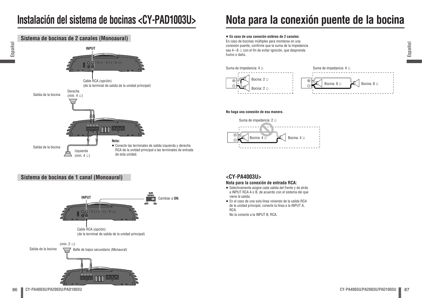 Instalación del sistema de bocinas <cy-pad1003u, Nota para la conexión puente de la bocina | Panasonic CY-PA4003U User Manual | Page 44 / 52