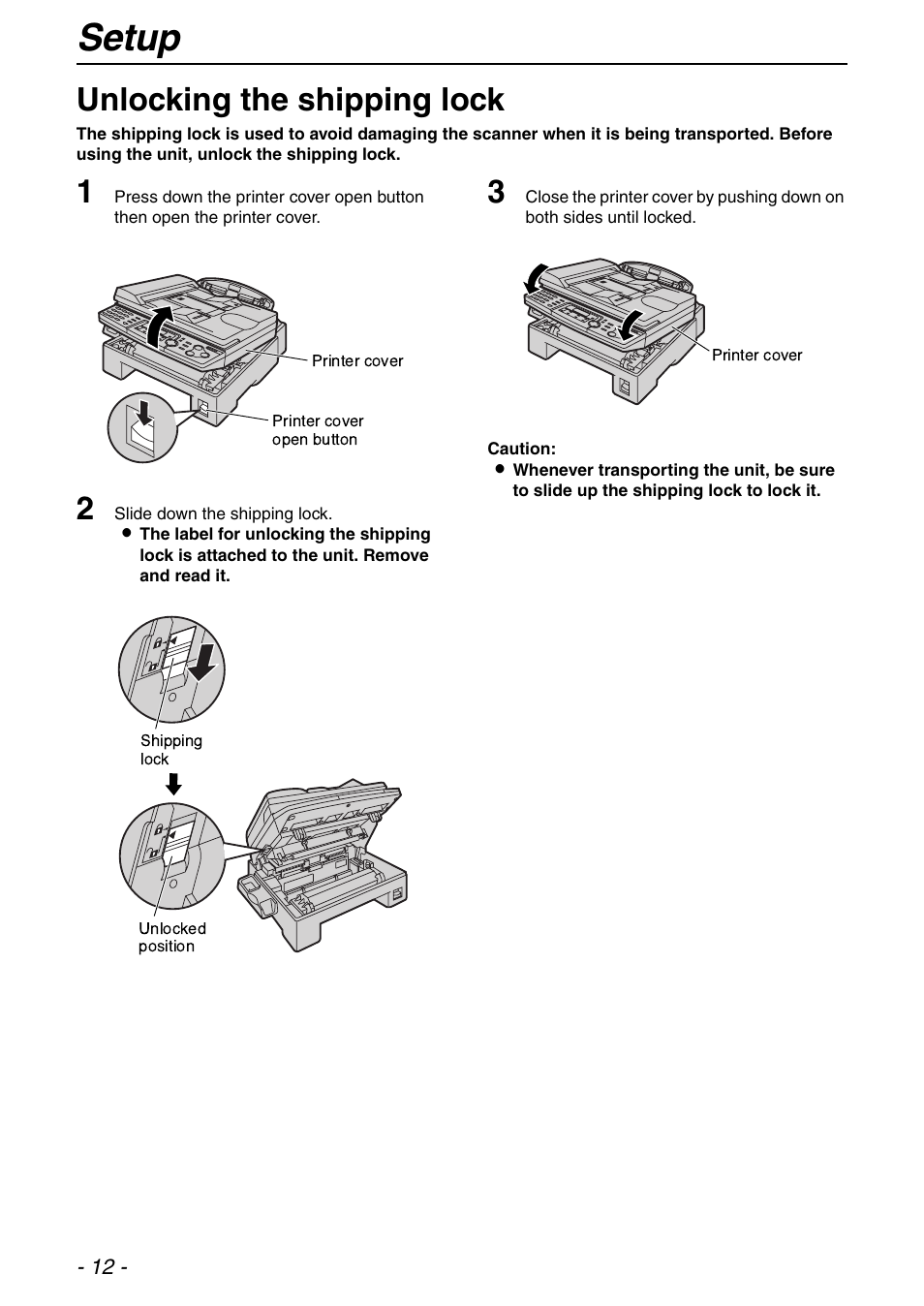 Unlocking the shipping lock, Setup | Panasonic KX-FLB753HK User Manual | Page 12 / 90