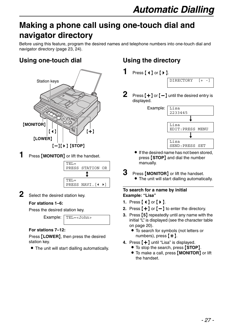 Automatic dialling, Using one-touch dial, Using the directory | Panasonic KX-FLB753HK User Manual | Page 27 / 90