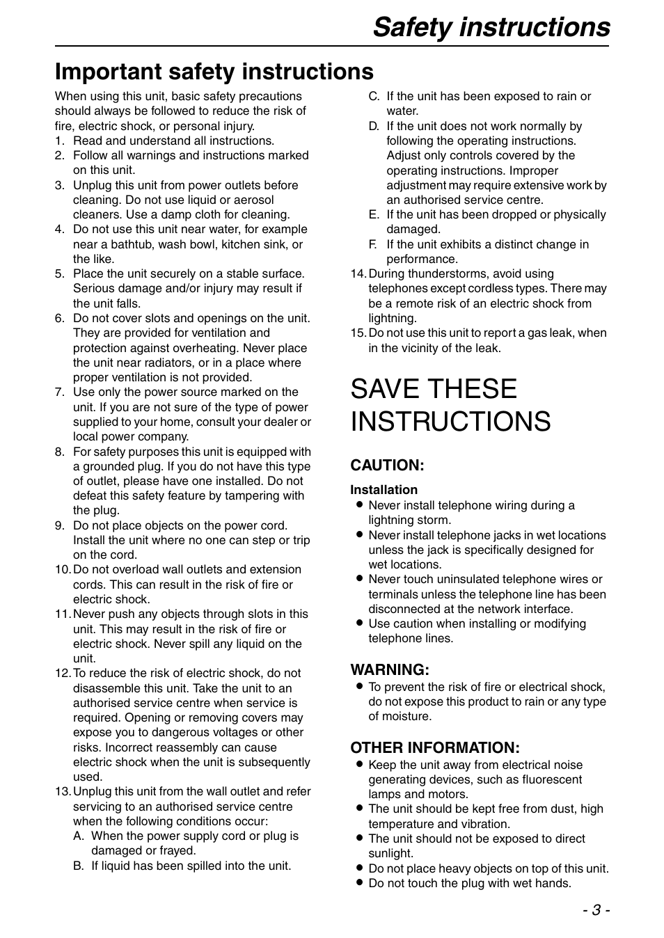 Safety instructions, Save these instructions, Important safety instructions | Caution, Warning, Other information | Panasonic KX-FLB753HK User Manual | Page 3 / 90