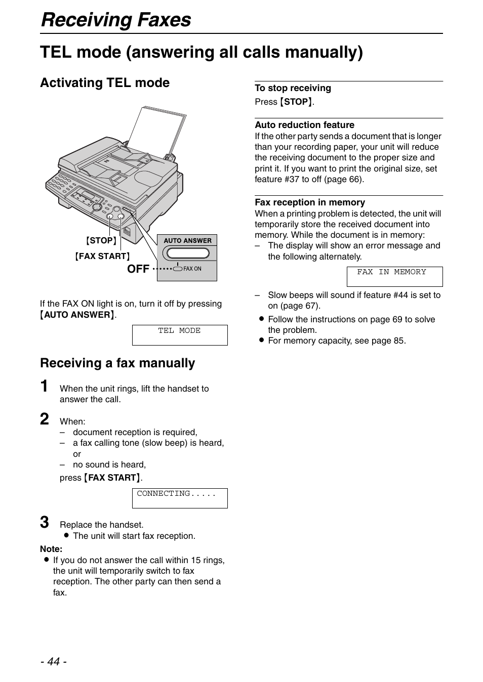 Receiving faxes, Tel mode (answering all calls manually), Activating tel mode | Receiving a fax manually | Panasonic KX-FLB753HK User Manual | Page 44 / 90