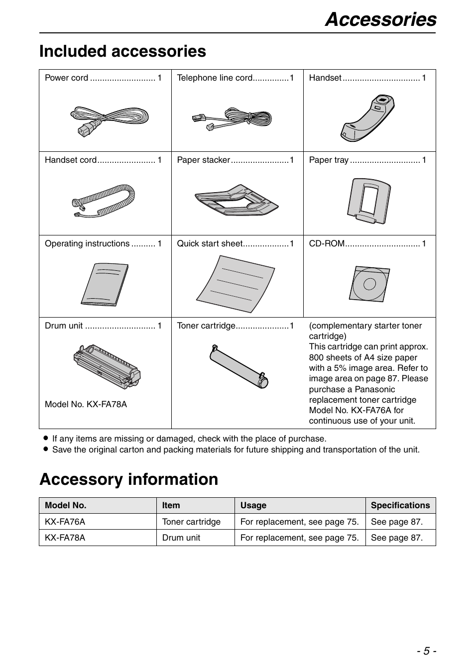 Accessories, Included accessories, Accessory information | Panasonic KX-FLB753HK User Manual | Page 5 / 90