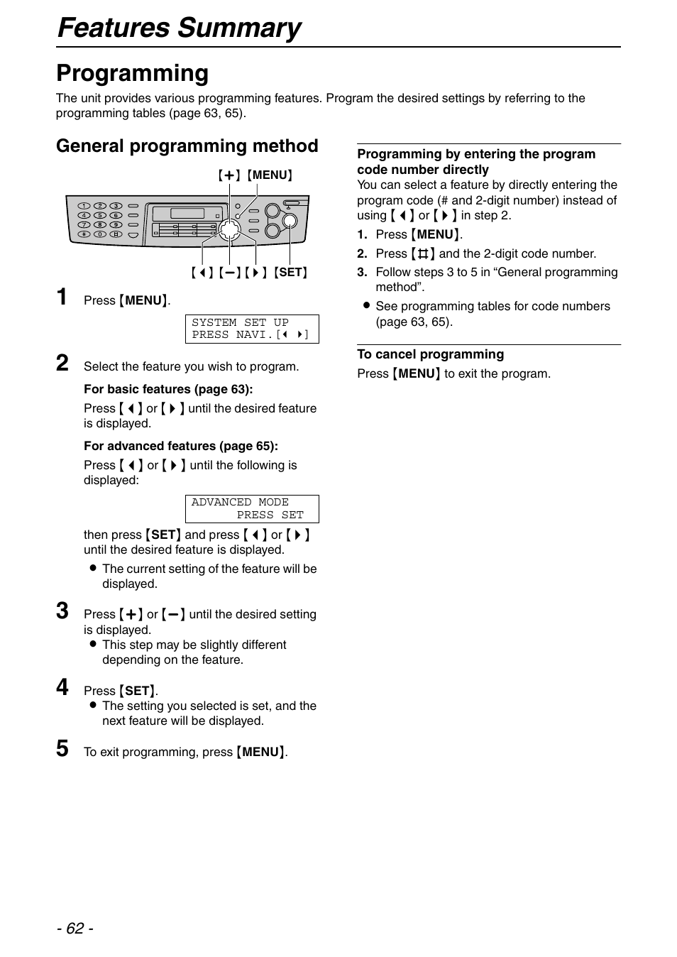 Features summary, Programming, General programming method | Panasonic KX-FLB753HK User Manual | Page 62 / 90