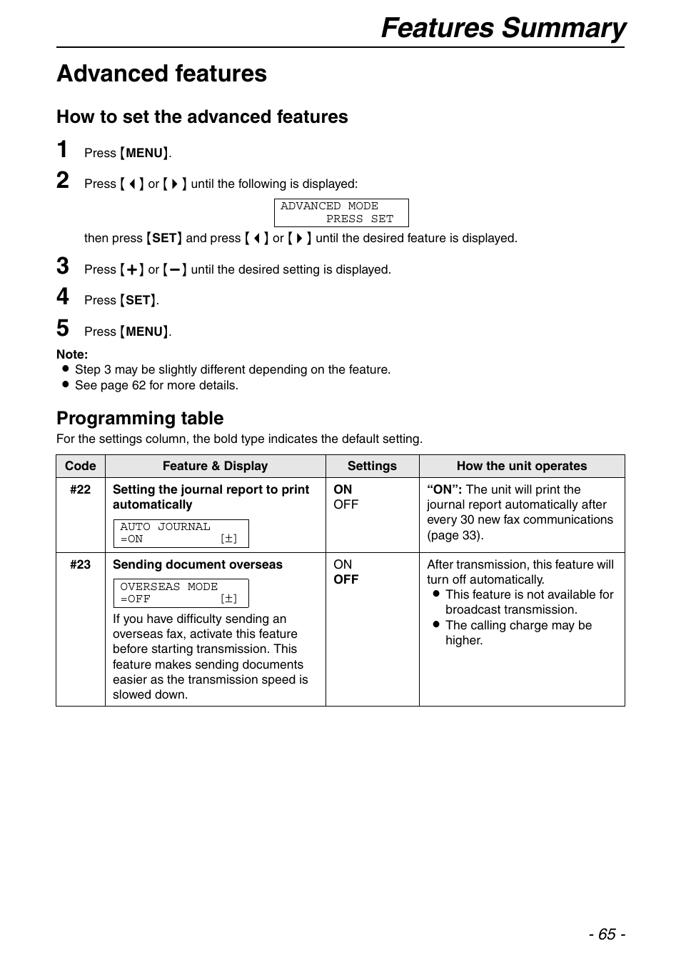 Features summary, Advanced features, How to set the advanced features | Programming table | Panasonic KX-FLB753HK User Manual | Page 65 / 90