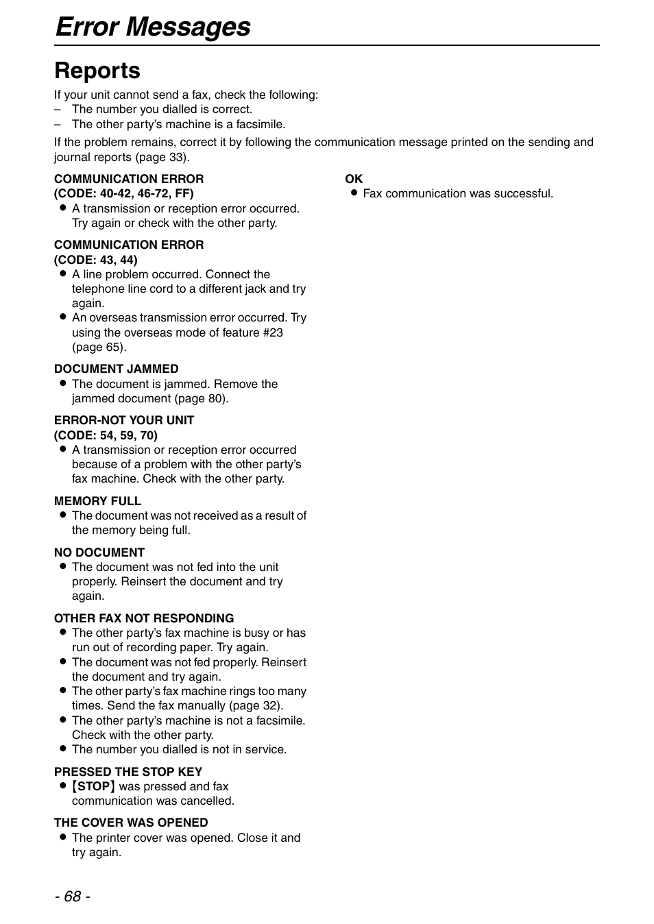 Error messages, Reports | Panasonic KX-FLB753HK User Manual | Page 68 / 90