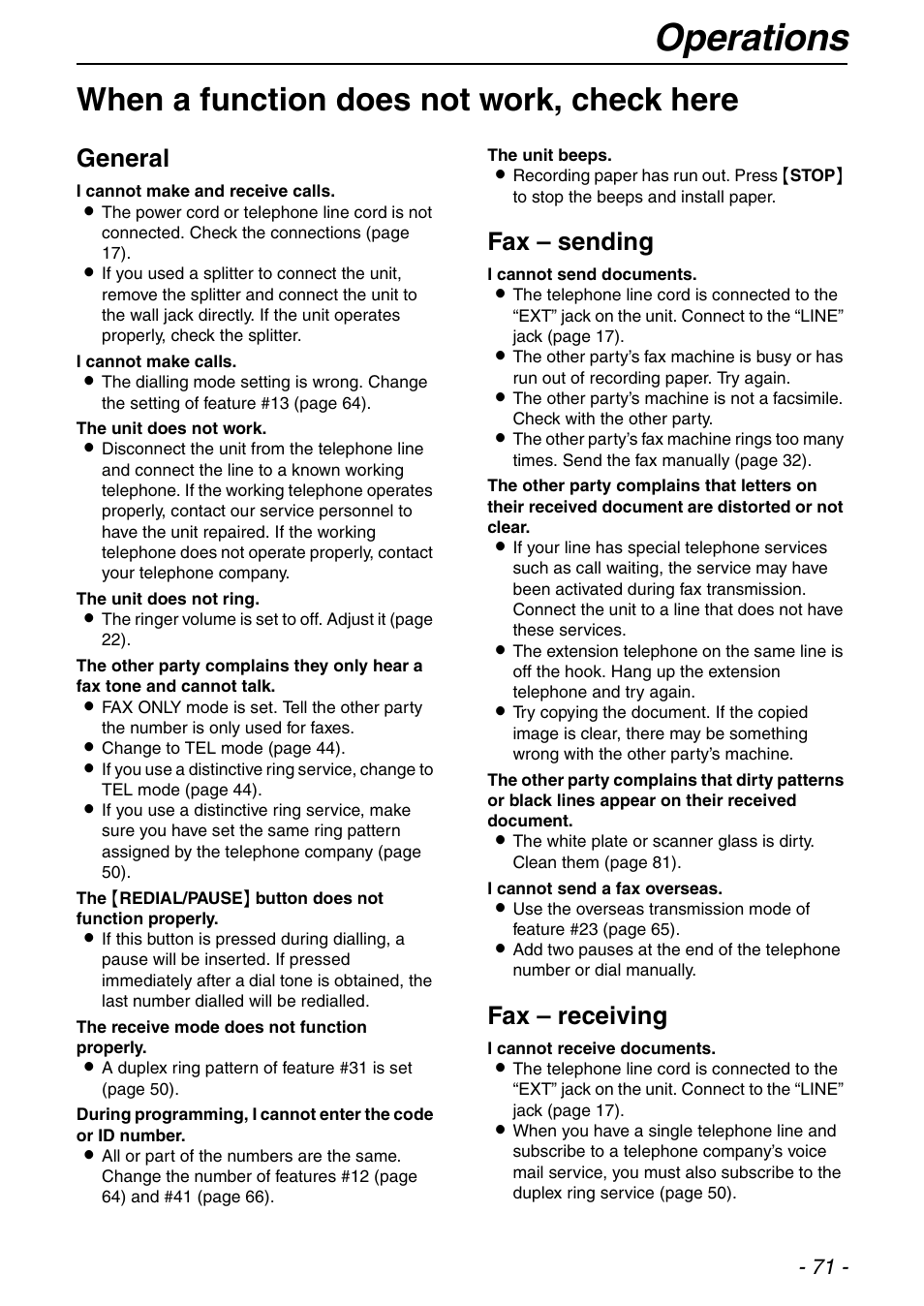 Operations, When a function does not work, check here, General | Fax – sending, Fax – receiving | Panasonic KX-FLB753HK User Manual | Page 71 / 90