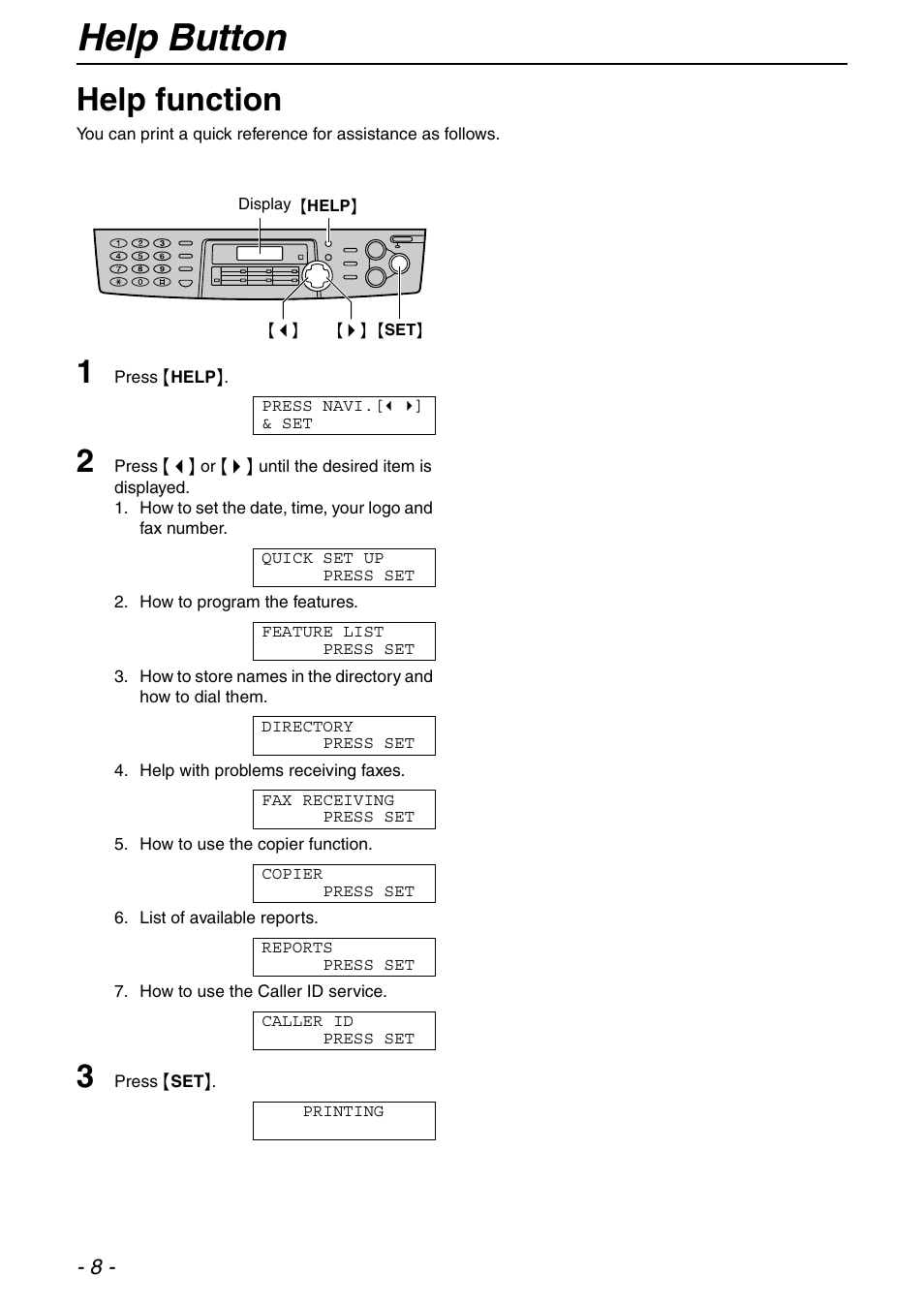 Initial preparation, Help button, Help function | Panasonic KX-FLB753HK User Manual | Page 8 / 90