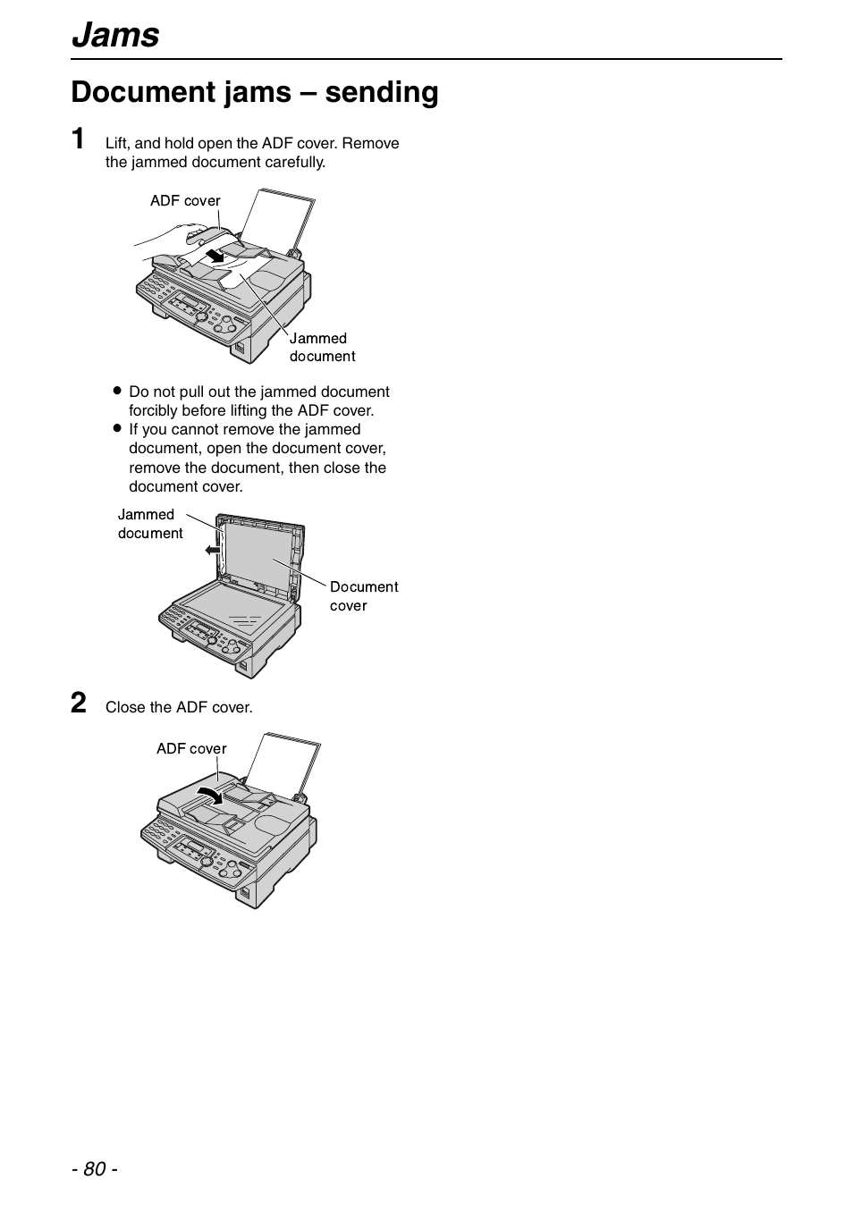 Jams, Document jams – sending 1 | Panasonic KX-FLB753HK User Manual | Page 80 / 90