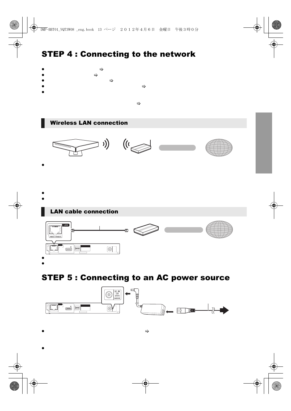 Step 4 : connecting to the network, Step 5 : connecting to an ac power source, Wireless lan connection lan cable connection | Panasonic DMP-BBT01 User Manual | Page 13 / 48