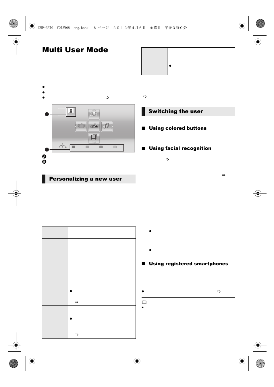 Multi user mode, Personalizing a new user, Switching the user | Panasonic DMP-BBT01 User Manual | Page 18 / 48