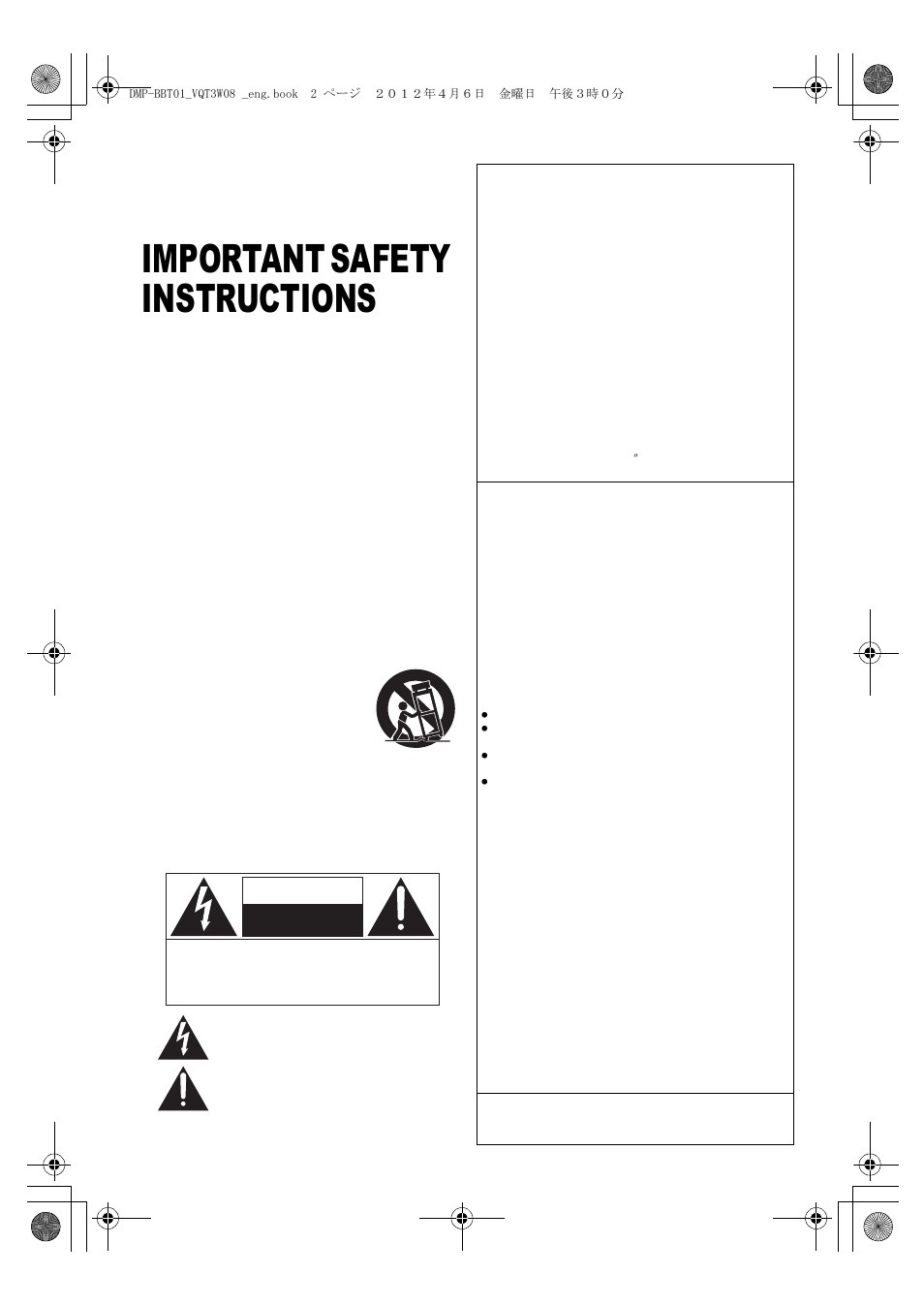 Important safety instructions, Caution | Panasonic DMP-BBT01 User Manual | Page 2 / 48