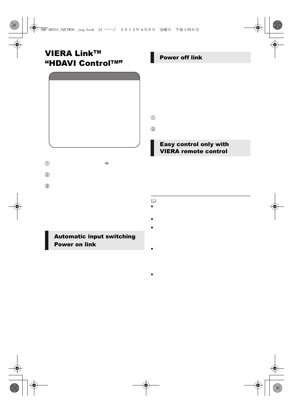 Viera linktm“ hdavi controltm, Viera link, Hdavi control | Automatic input switching power on link | Panasonic DMP-BBT01 User Manual | Page 24 / 48