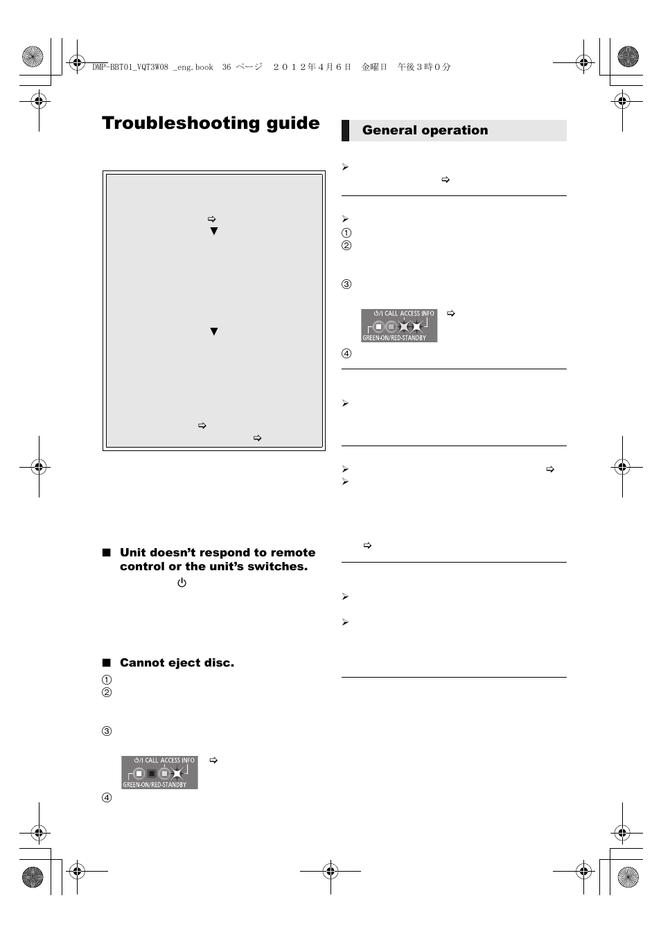 Troubleshooting guide, General operation | Panasonic DMP-BBT01 User Manual | Page 36 / 48
