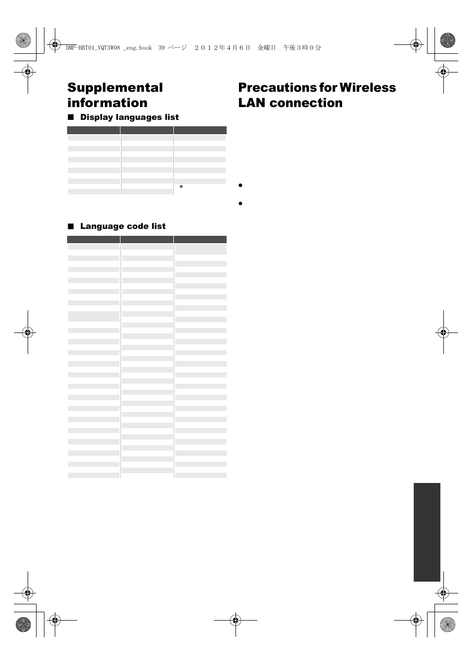 Supplemental information, Precautions for wireless lan connection, Display languages list ∫ language code list | Referen ce | Panasonic DMP-BBT01 User Manual | Page 39 / 48