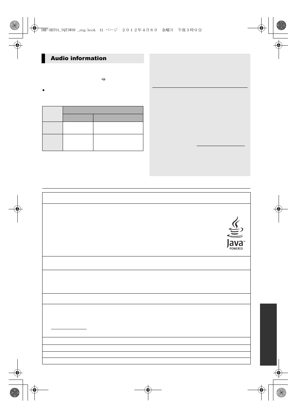 Restriction on use of unauthorized copied content, Audio information | Panasonic DMP-BBT01 User Manual | Page 41 / 48