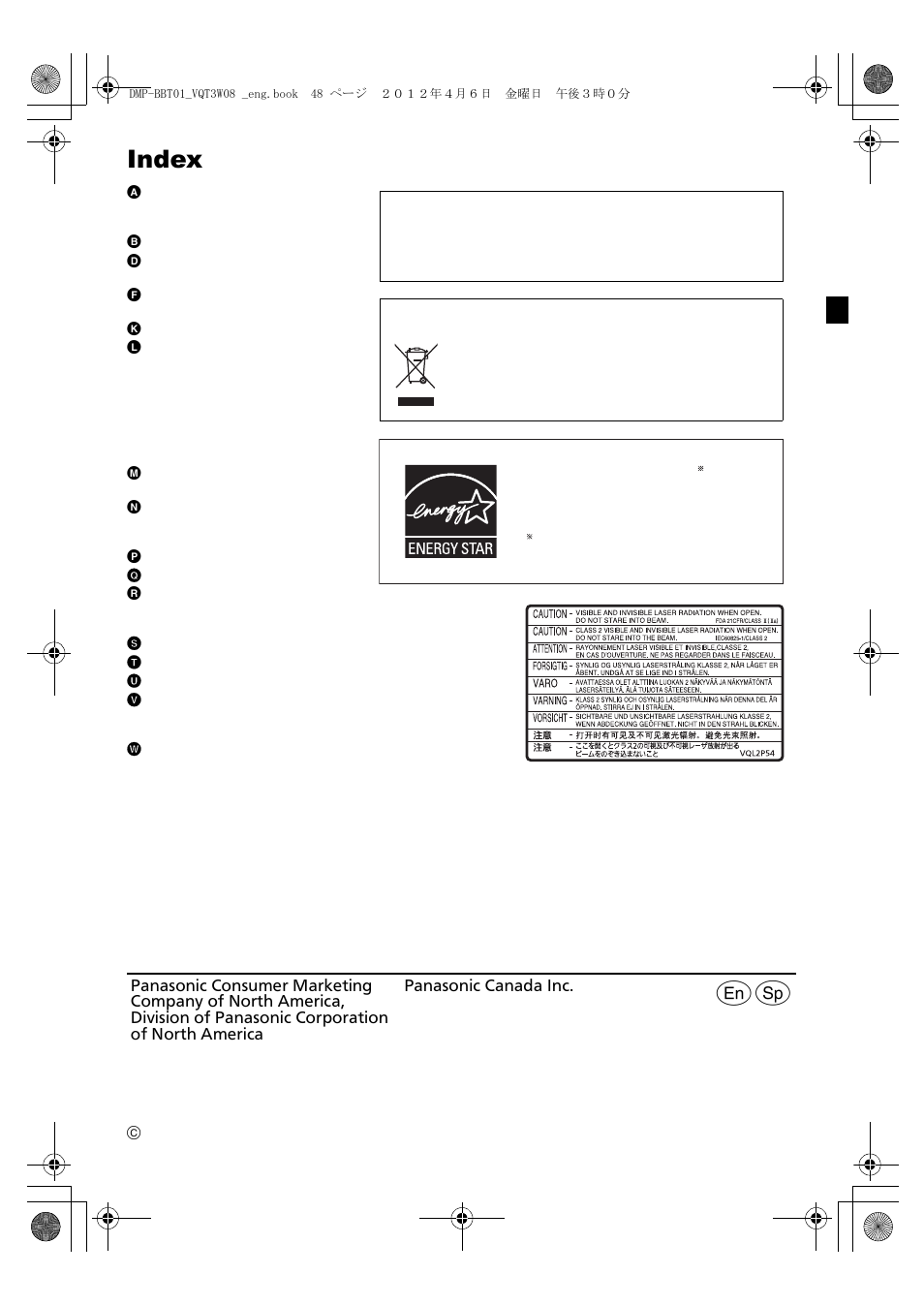 Index, Vqt3w08 | Panasonic DMP-BBT01 User Manual | Page 48 / 48