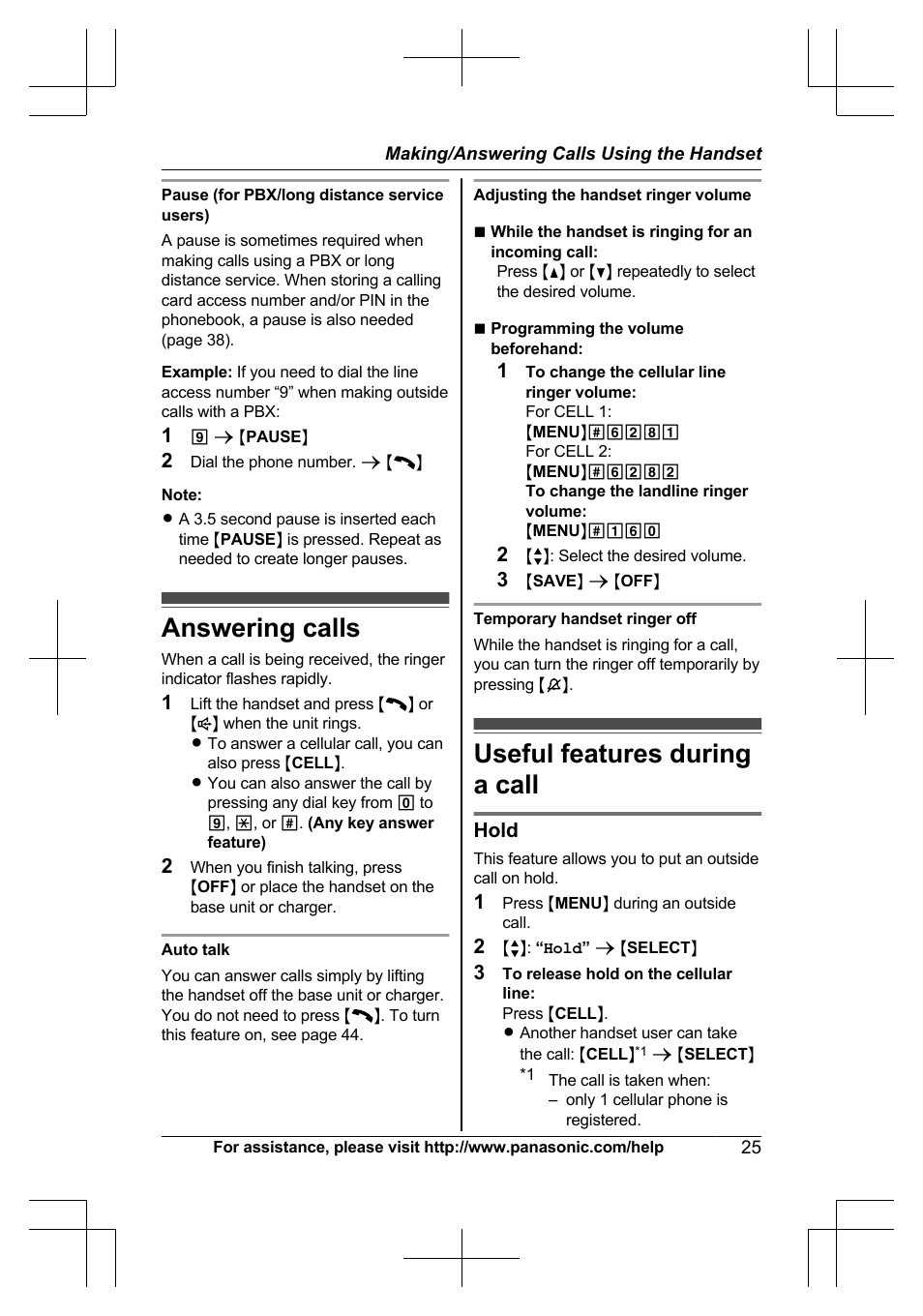 Answering calls, Useful features during a call, Answering calls useful features during a call | Hold | Panasonic KX-TG7644 User Manual | Page 25 / 100