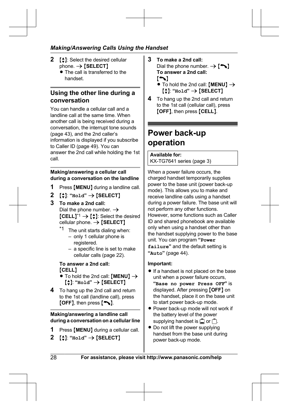 Power back-up operation, Using the other line during a conversation | Panasonic KX-TG7644 User Manual | Page 28 / 100