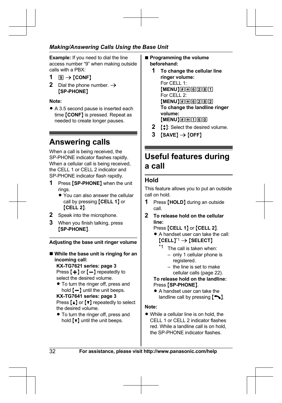 Answering calls, Useful features during a call, Answering calls useful features during a call | Hold | Panasonic KX-TG7644 User Manual | Page 32 / 100