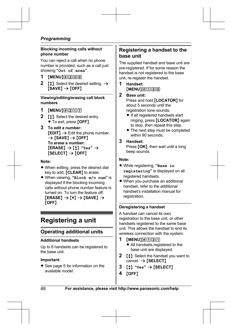 Registering a unit, Blocking incoming calls without phone number | Panasonic KX-TG7644 User Manual | Page 48 / 100