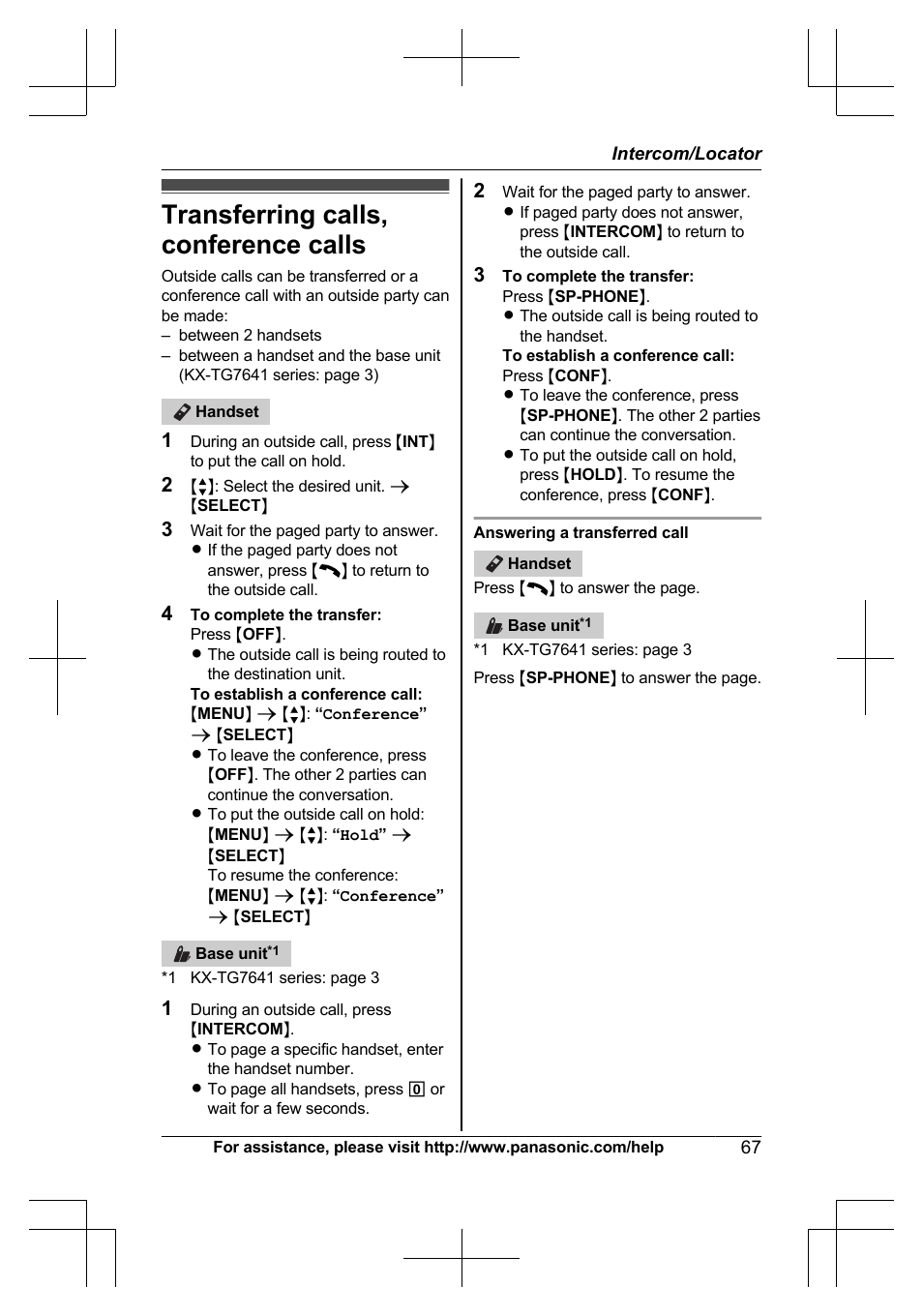 Transferring calls, conference calls | Panasonic KX-TG7644 User Manual | Page 67 / 100