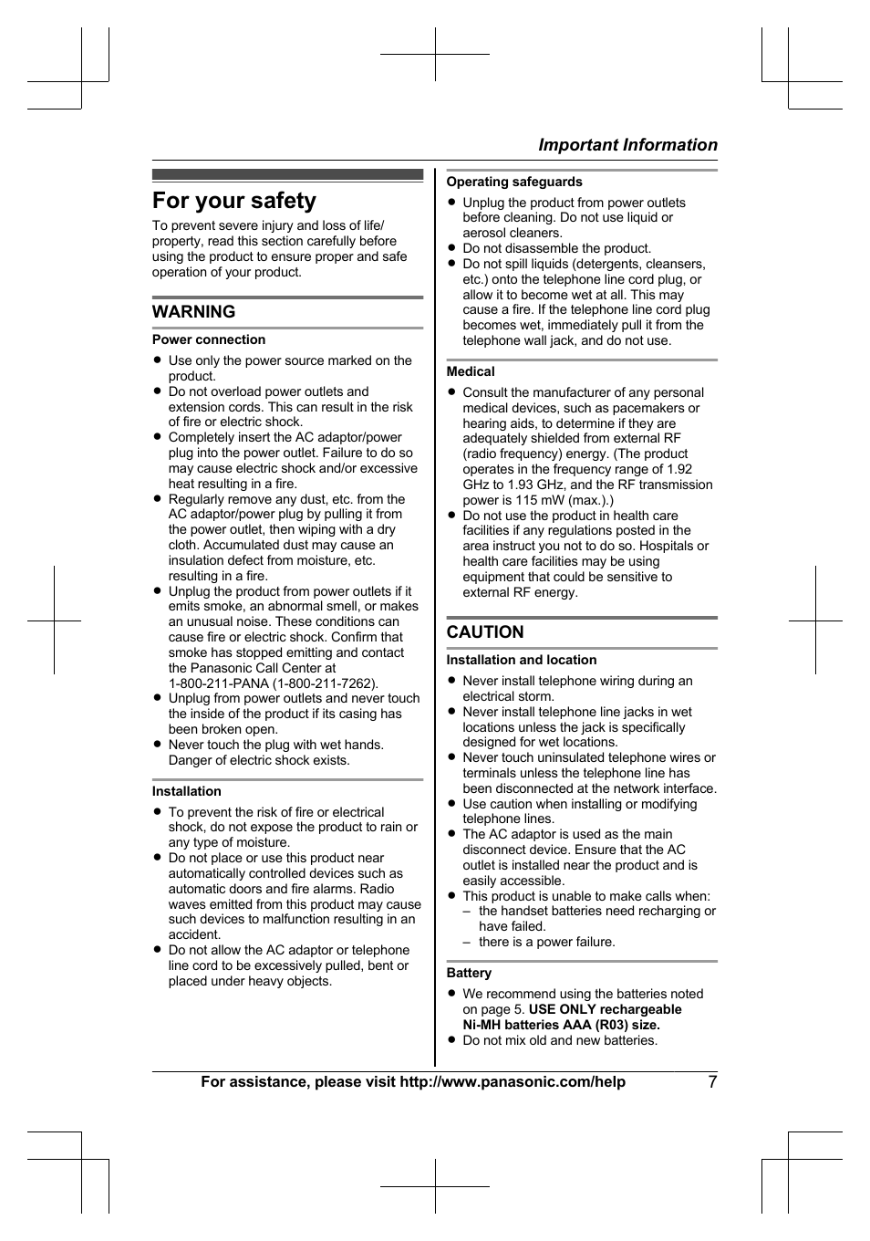 Important information, For your safety | Panasonic KX-TG7644 User Manual | Page 7 / 100