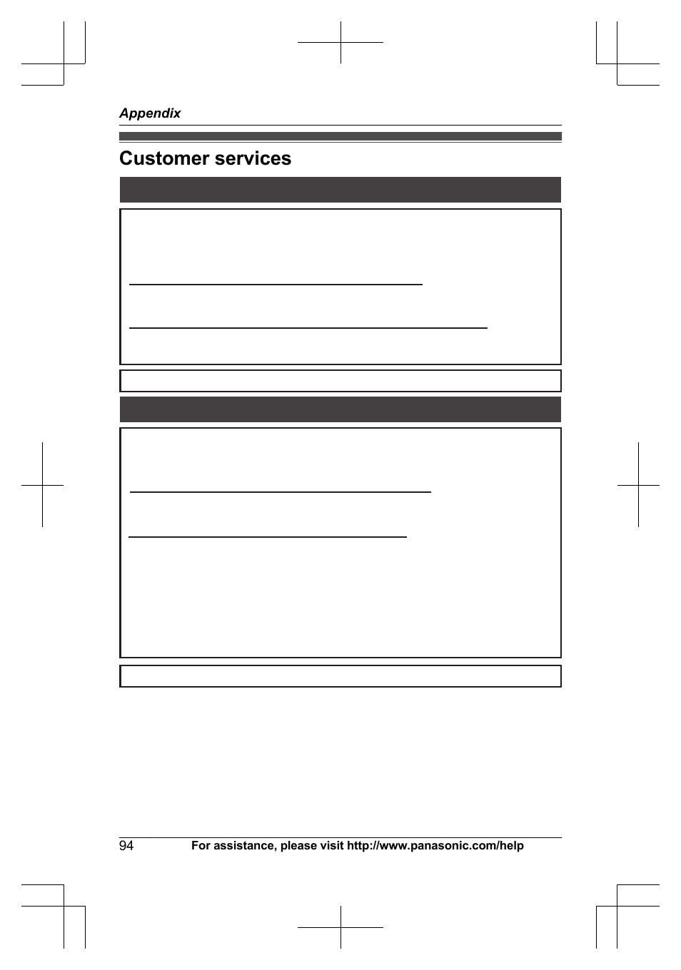 Appendix, Customer services | Panasonic KX-TG7644 User Manual | Page 94 / 100