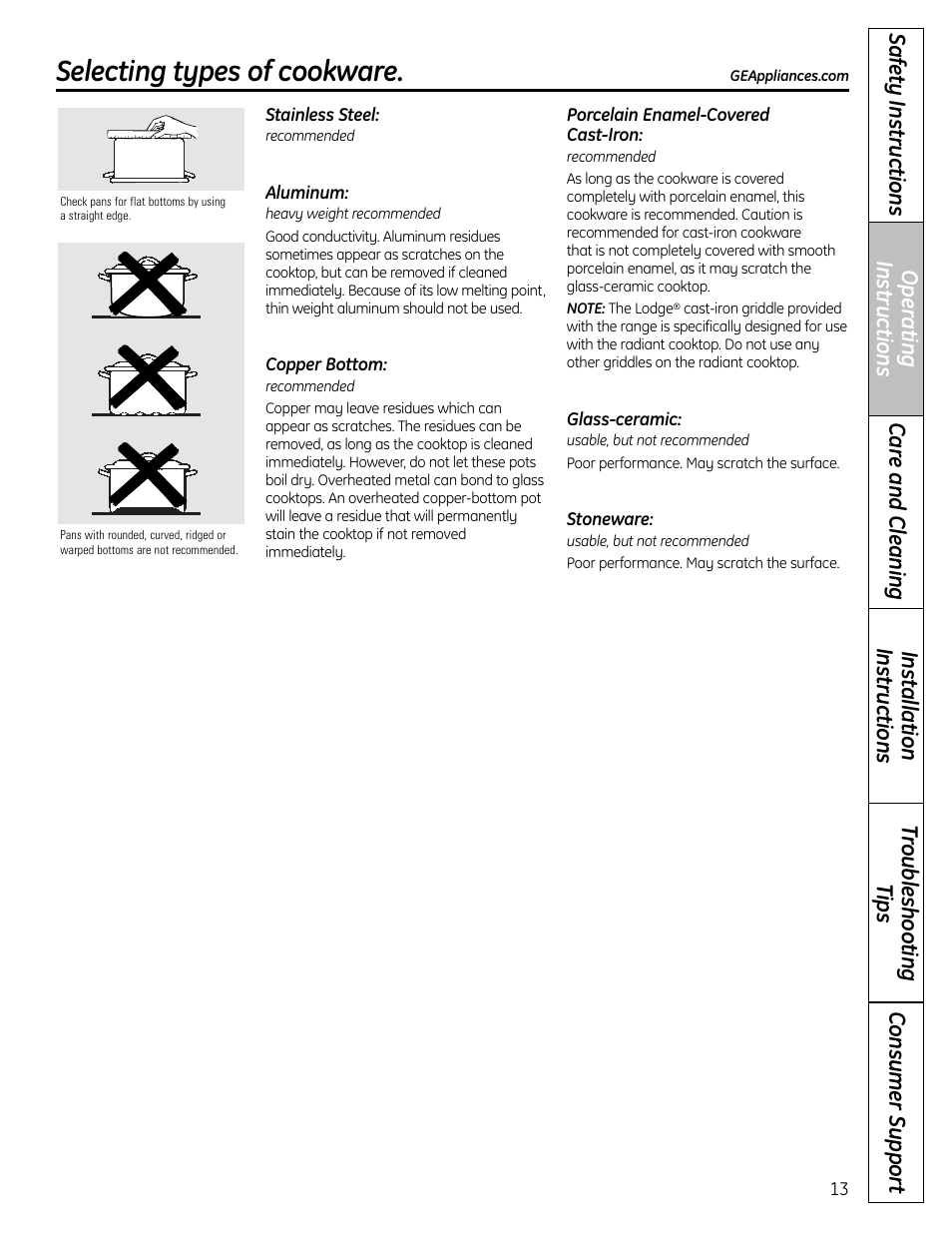 Selecting types of cookware | Panasonic VA-20861 User Manual | Page 13 / 56