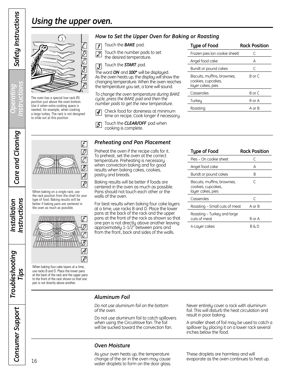 Aluminum foil, Baking or roasting, Preheating | Aluminum foil baking or roasting, Using the upper oven | Panasonic VA-20861 User Manual | Page 16 / 56