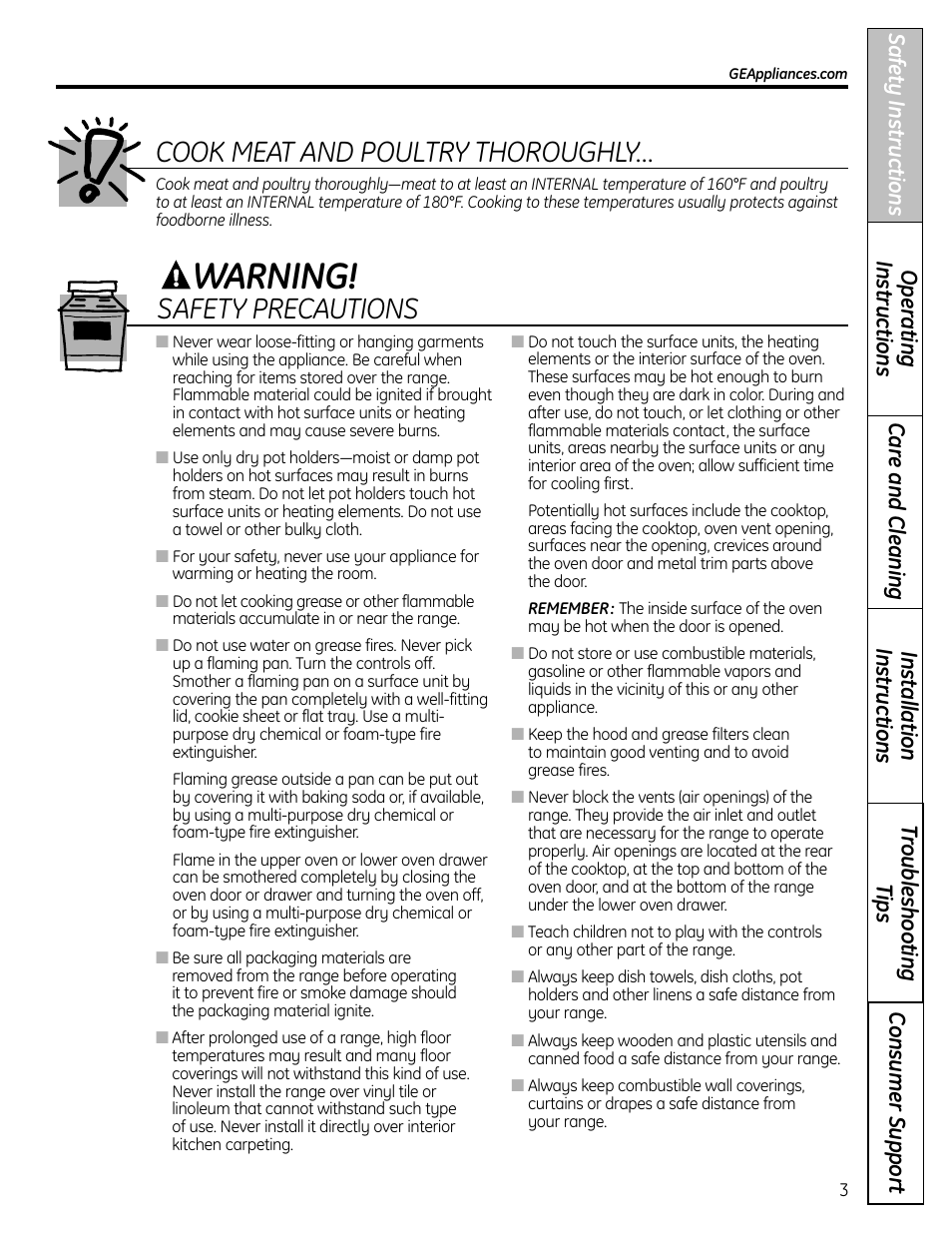 Warning, Cook meat and poultry thoroughly, Safety precautions | Panasonic VA-20861 User Manual | Page 3 / 56